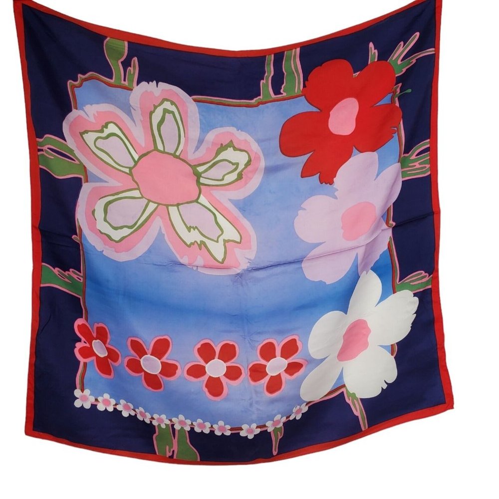 Vintage 1960s Scarf Acetate Navy Blue Pink Mod Floral 27" Square